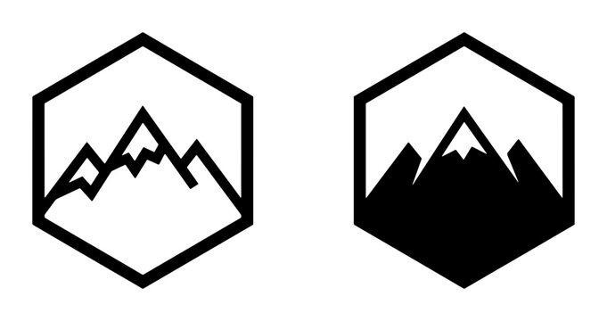 Mountain range line icon and silhouette set in hexagon for travel logo