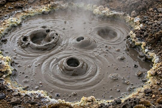 Bubbling geothermal mud pot with steam rising from volcanic ground in iceland