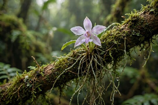A delicate light pink orchid flower blooming on a mossy tree branch in a lush, misty tropical rainforest environment