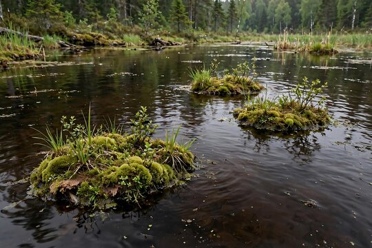 Small mossy islands floating on the dark water of a forest swamp with green vegetation and trees in the background