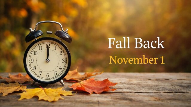 Vintage alarm clock on wooden table with autumn leaves for Fall Back