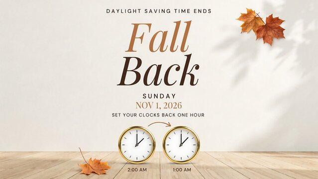 Fall Back daylight saving time reminder with clocks and autumn leaves