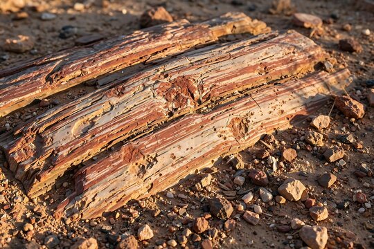 Petrified wood log lying on the desert ground with colorful mineral layers and textures in the sunlight