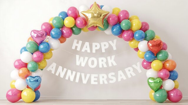 Colorful balloon arch with Happy Work Anniversary banner