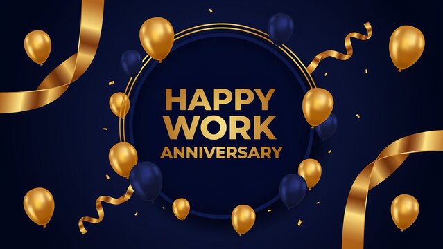 Gold and navy balloons with ribbons frame a happy work anniversary message