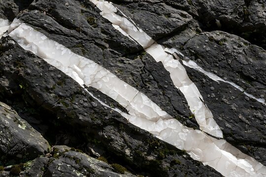 Closeup of white quartz veins running through dark volcanic rock in a natural geological formation