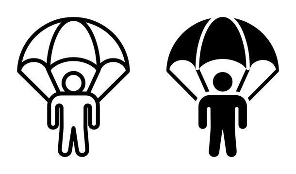 Parachutist line icon and solid silhouette set for skydiving and adventure