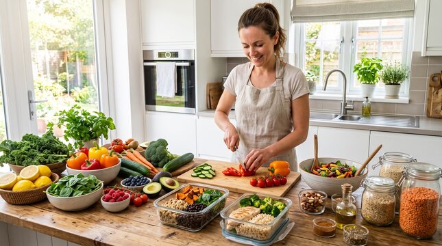 Woman prepares healthy food kitchen.
