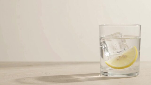 Minimalist glass of sparkling water with clear ice and citrus showing rising microbubbles on neutral background with empty copy space for mockup loop