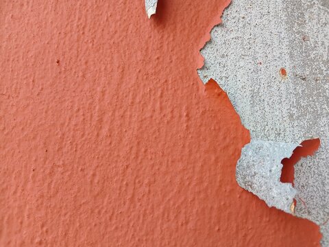​Macro shot of orange paint peeling off a concrete wall revealing rough weathered plaster surface underneath.