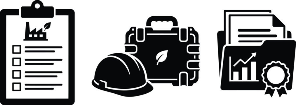 Industrial audit and business safety compliance management documentation icons with hard hat protective gear web element white background