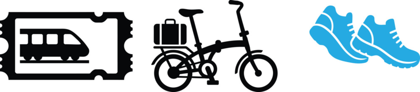 Transportation and fitness collection featuring a train ticket bicycle and running sneakers lifestyle exercise