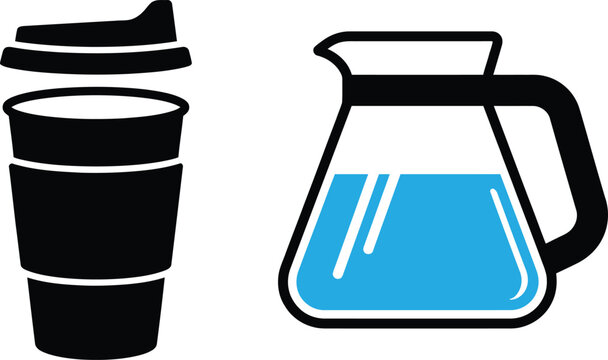 Coffee shop beverage symbols featuring a disposable takeaway cup and a glass carafe container caffeine refreshment espresso