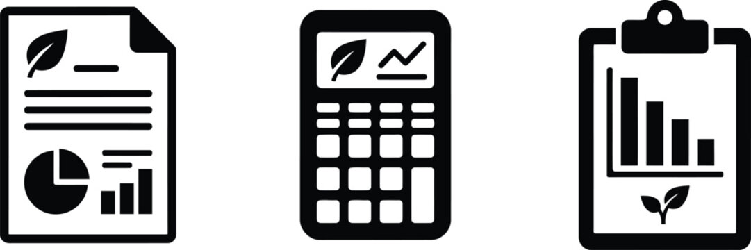 Business report icons featuring financial charts documents and a calculator with foliage document clipboard accounting