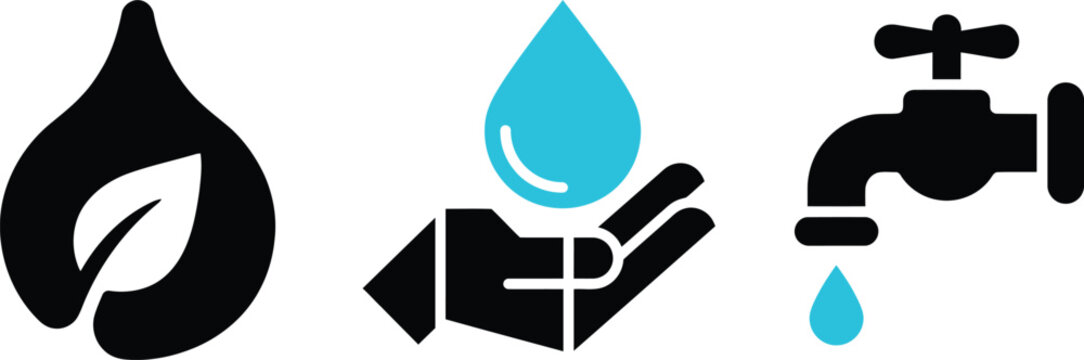 Water conservation symbols showing a leaf droplet human hand and a dripping faucet with hydration sustainability protection