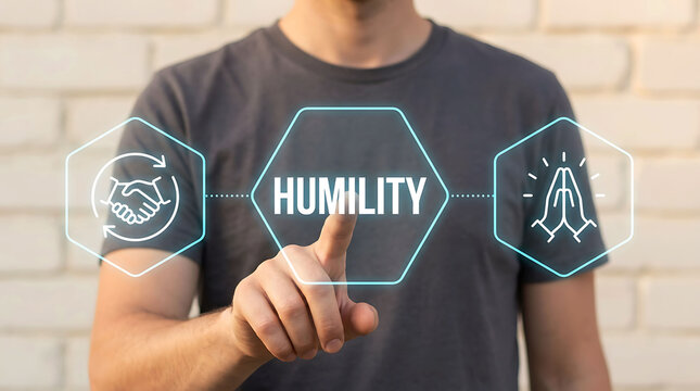 Man touching digital humility interface symbol concept in modern business
