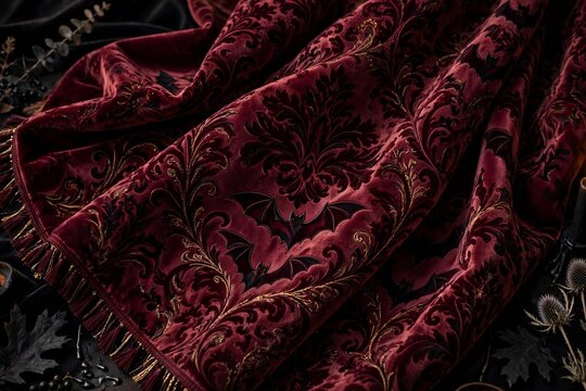 Luxury dark maroon velvet fabric with ornate gold damask and bat pattern