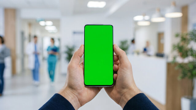 Closeup of a hand holding a smartphone with a green screen in a modern hospital hallway, perfect for medical app interface mockups