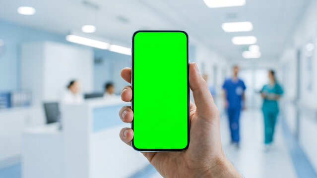 Closeup of a hand holding a smartphone with a green screen in a modern hospital hallway, perfect for medical app interface mockups