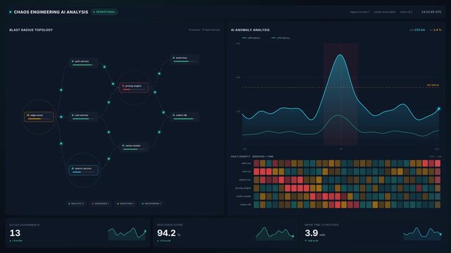 Futuristic chaos engineering dashboard visualizing ai system analysis with blast radius topology, fault injection metrics, real-time charts in 4k, for cloud monitoring