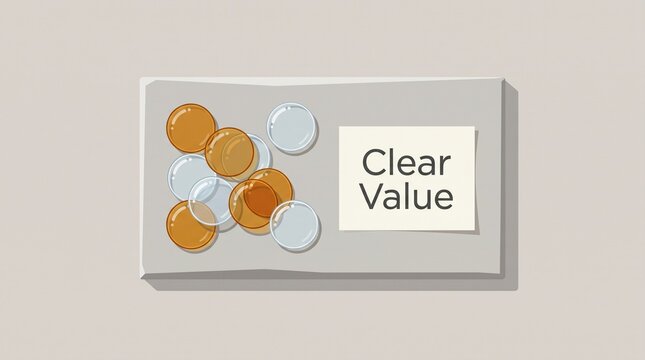 Flat lay illustration of transparent and amber glass disks on a gray tray with a card displaying the text Clear Value