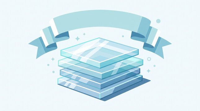 A stack of transparent glass plates featuring a decorative ribbon banner above in a minimalist flat illustration style