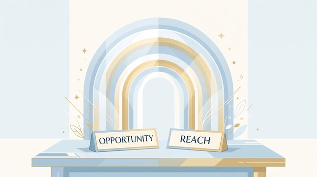 Minimalist professional illustration featuring the words opportunity and reach on a desk with a glowing symbolic archway in the background