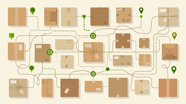 Flat illustration of cardboard boxes and envelopes connected by tracking lines and location markers representing a complex logistics and delivery network