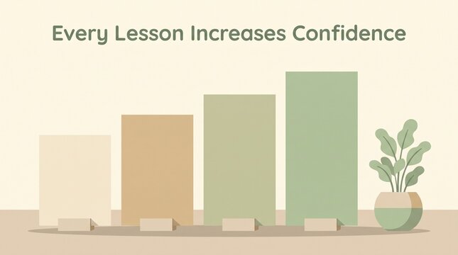 A minimal vector illustration featuring a growth bar chart with the text Every Lesson Increases Confidence and a small potted plant on the side