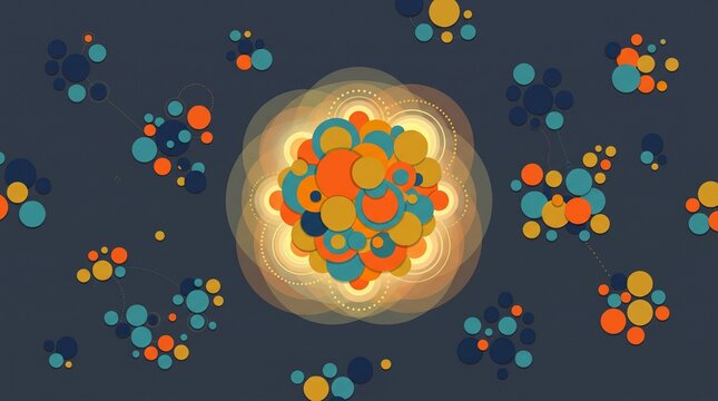 Abstract representation of interconnected colorful circles forming a central glow against a dark blue backdrop