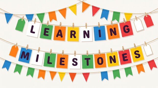 Colorful festive banner with the text learning milestones displayed on cards hanging from a string with clothespins