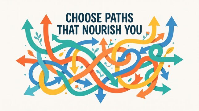 A colorful graphic illustration showing tangled arrows and motivational text suggesting to choose life paths that nourish you