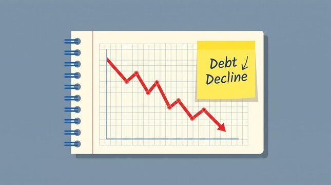 An illustration of a notebook showing a falling red line graph representing a debt decline with a yellow sticky note