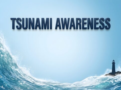 Tsunami awareness poster with big ocean wave and a lighthouse