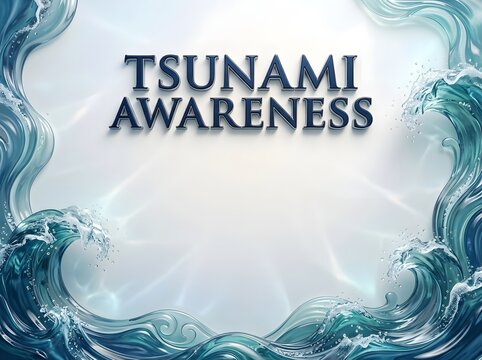 Tsunami awareness text with a blue ocean wave border design
