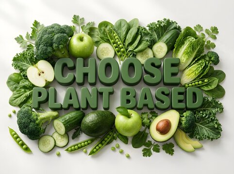 Choose plant based text sign surrounded by fresh green vegetables