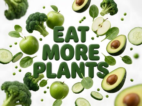 Eat more plants text with fresh green vegetables and fruit