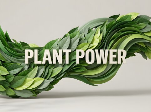 Abstract wave of green leaves with plant power text sign