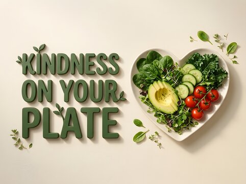 Kindness on your plate text with a heart shaped vegetable salad