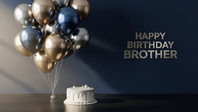 Happy birthday brother text with metallic blue silver and gold balloons plus a white frosted cake on a dark wooden table against a deep navy blue wall background for celebration