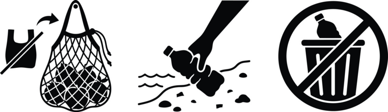 Set of environmental protection icons representing plastic pollution awareness and waste management with bag, net water bottle