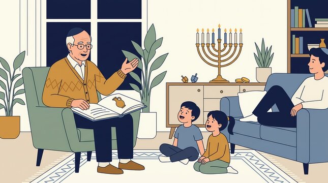Jewish grandfather reading a book to grandchildren in a living room, flat vector illustration of a Hanukkah family celebration, festive home gathering with a menorah
