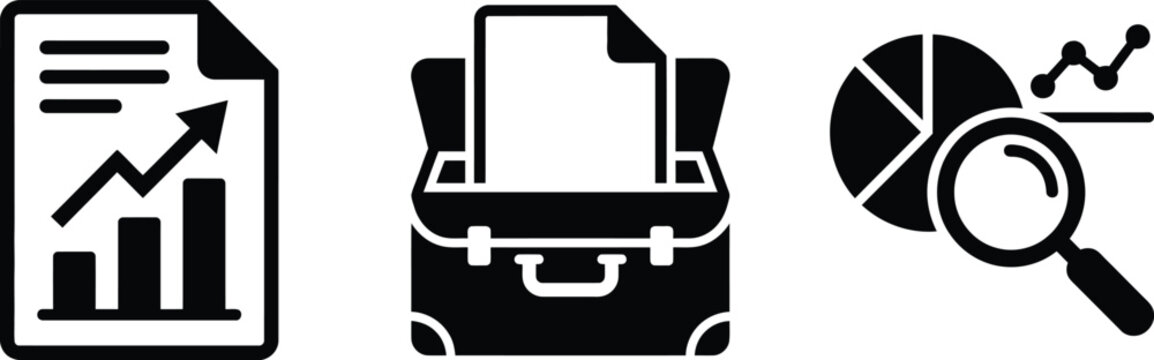 Business management icons including chart document briefcase and magnifying glass over pie white background icon growt