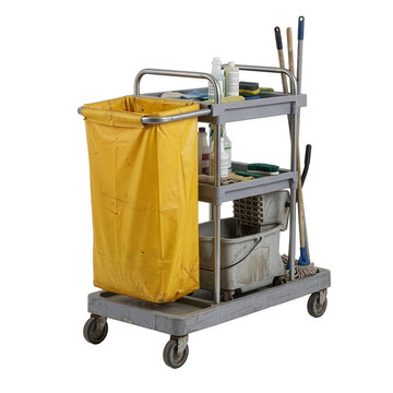 Janitorial cleaning cart with supplies and mop bucket