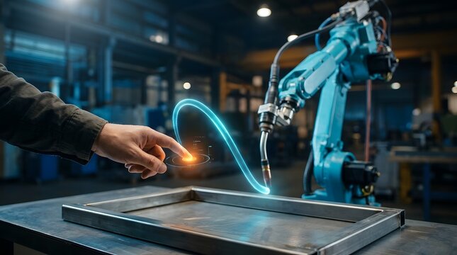 Human hand interacting with digital interface of industrial robotic arm in smart factory for precision welding and automation, representing Industry 4.0 and advanced manufacturing technology.