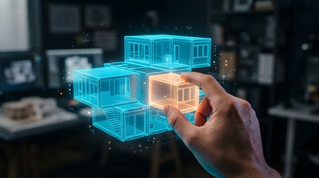 Architectural professional interacting with a futuristic 3D holographic digital model of a modular building design in a high-tech studio environment.