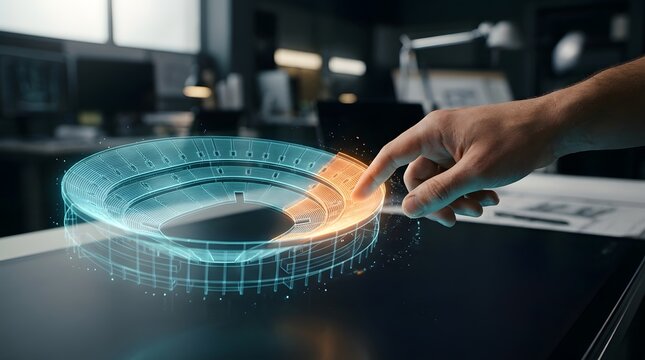 Architect interacting with a 3D hologram model of a sports stadium using advanced digital technology in a modern studio.