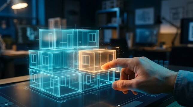 Architect interacting with a 3D holographic model of modular housing on a digital touchscreen, showcasing future urban planning and innovative construction technology.