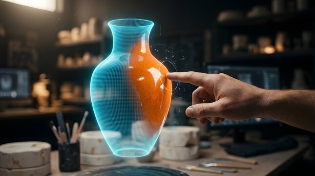 Futuristic potter using augmented reality to design a ceramic vase with a glowing 3D hologram in a traditional workshop setting, blending craftsmanship with advanced digital technology.