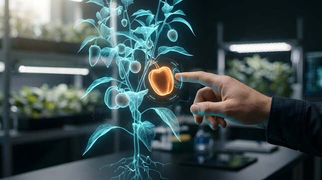 Agrotechnology Scientist Interacting with Digital Holographic Plant in Modern Laboratory for Smart Farming and Sustainable Agriculture Research